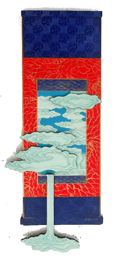 Cloud scroll_구름물(족자_01), 나무판에 채색, 66x28cm, 2024